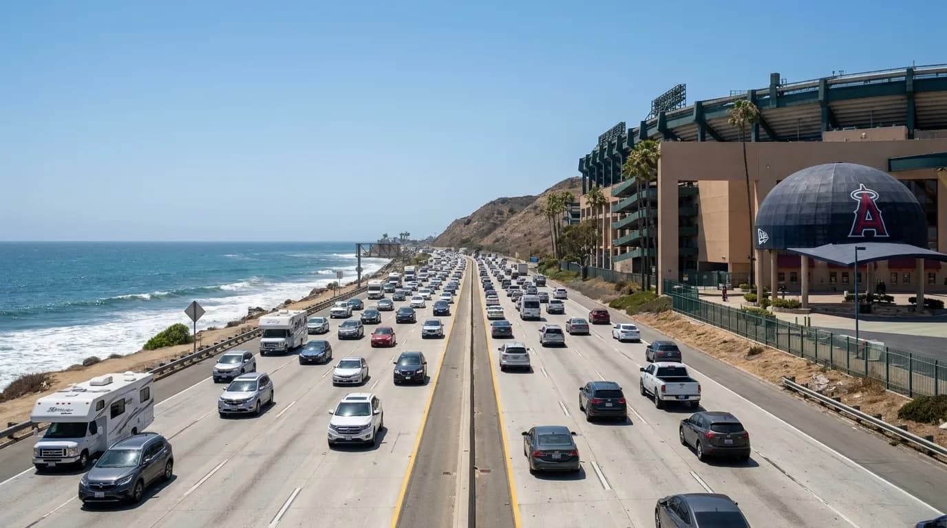 Pacific Coast Highway in Malibu with weekend traffic heading north toward Zuma Beach