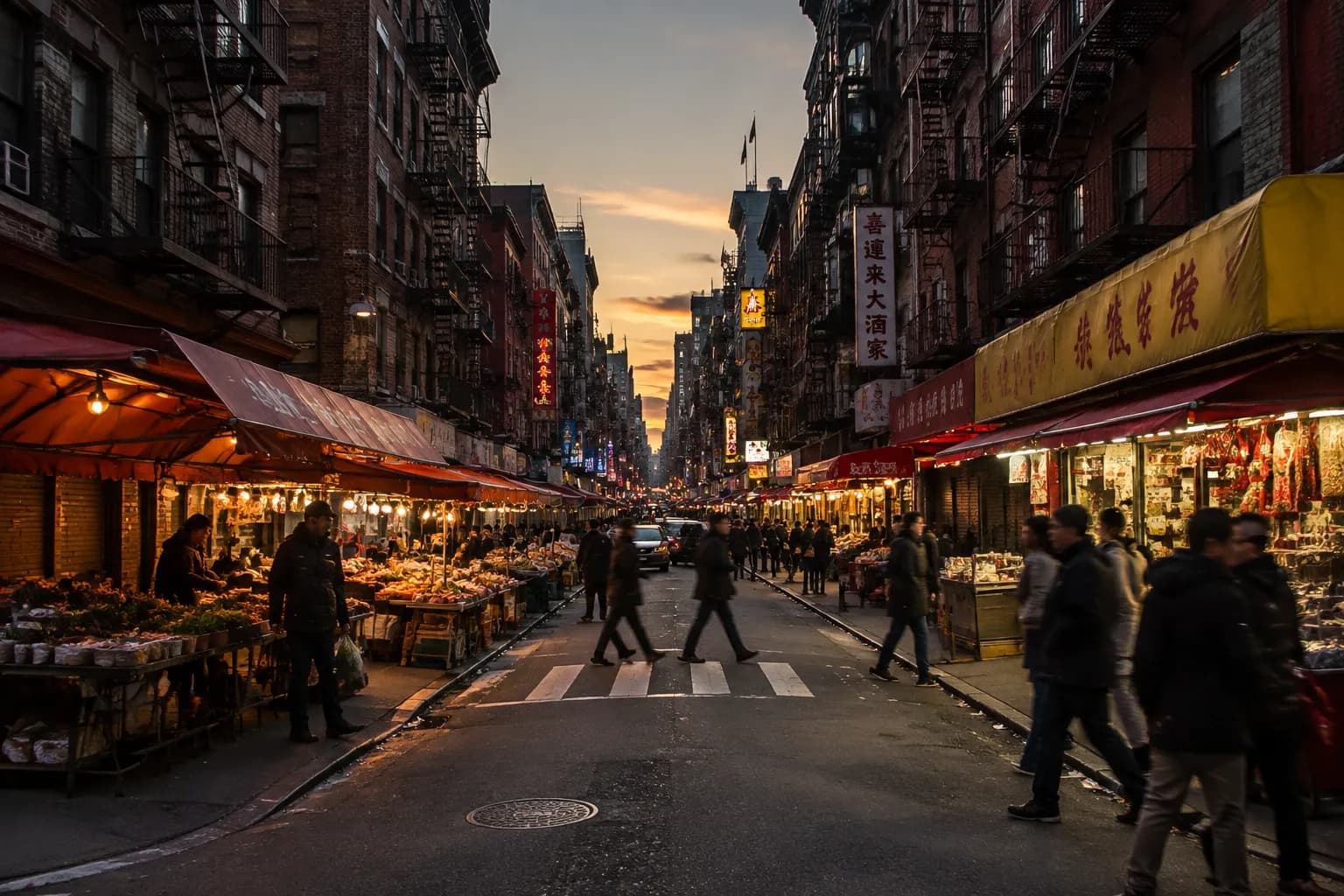 Mott Street in Manhattan's Chinatown at dusk with pedestrians and lit storefronts