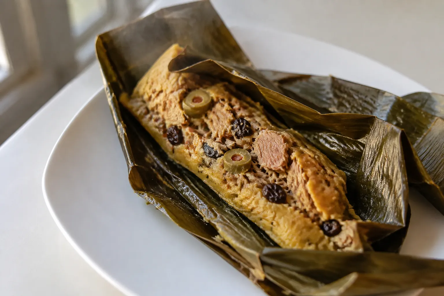 Close-up of a hallaca in banana leaf wrapping with masa and filling visible on a white plate