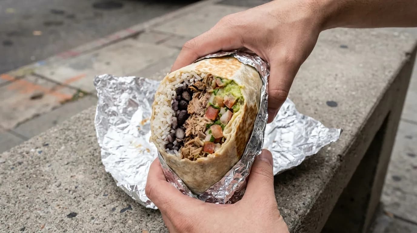 Hands holding a large foil-wrapped Mission-style burrito with visible layers of rice, beans, and filling