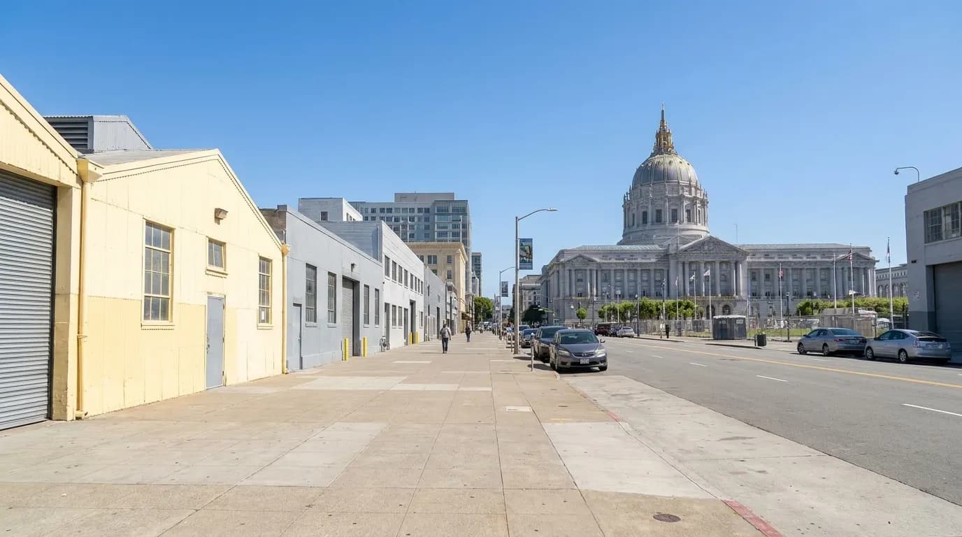 Wide afternoon view of quiet industrial Harrison Street in San Francisco's Mission District with warehouses and open sidewalks
