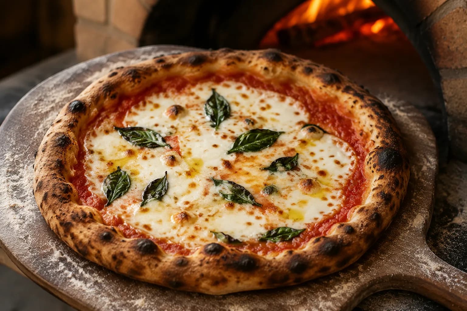 Close-up of a Neapolitan pizza with charred crust and melted mozzarella on a wooden peel, just removed from a wood-fired oven