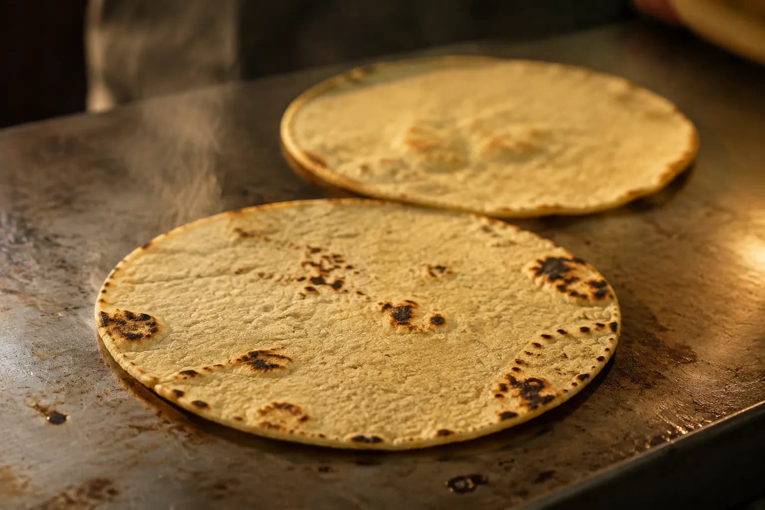 Corn tortillas cooking on a hot comal griddle with visible char marks