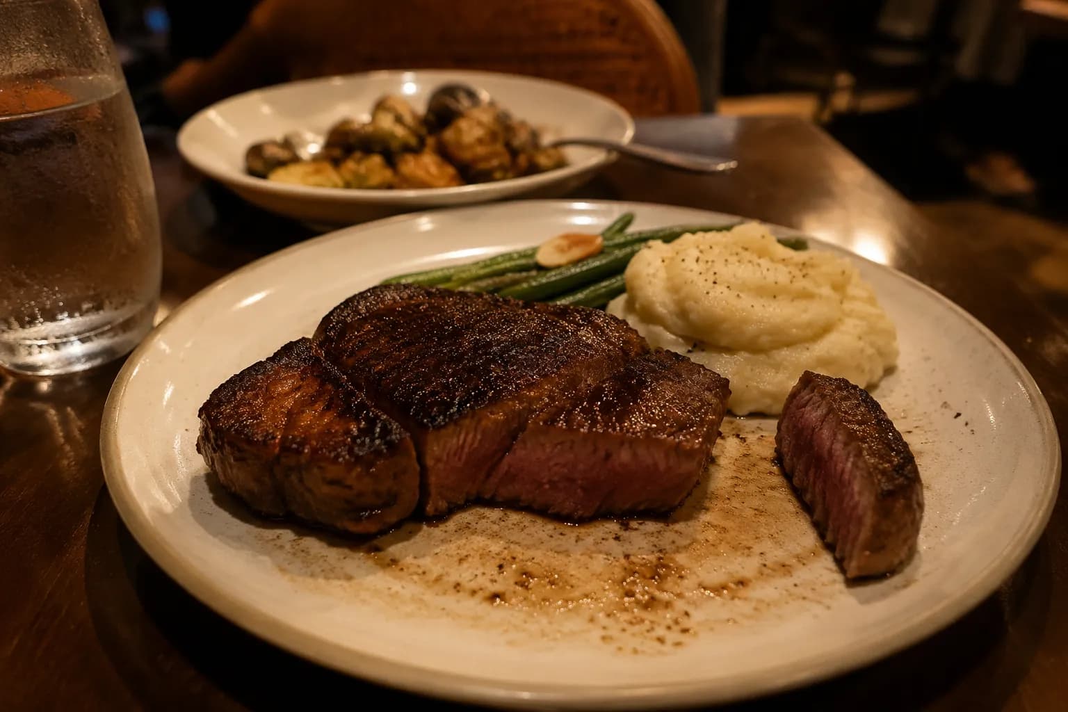Steak dinner plate on dark wood table in dimly lit Miami restaurant