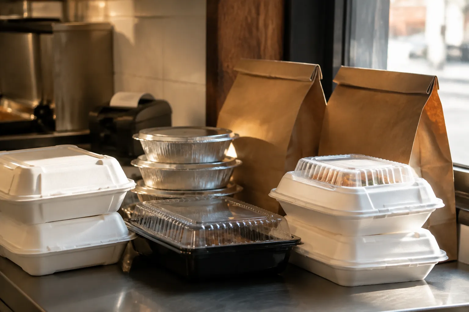 Takeout food containers waiting on a Miami restaurant pickup counter in afternoon light