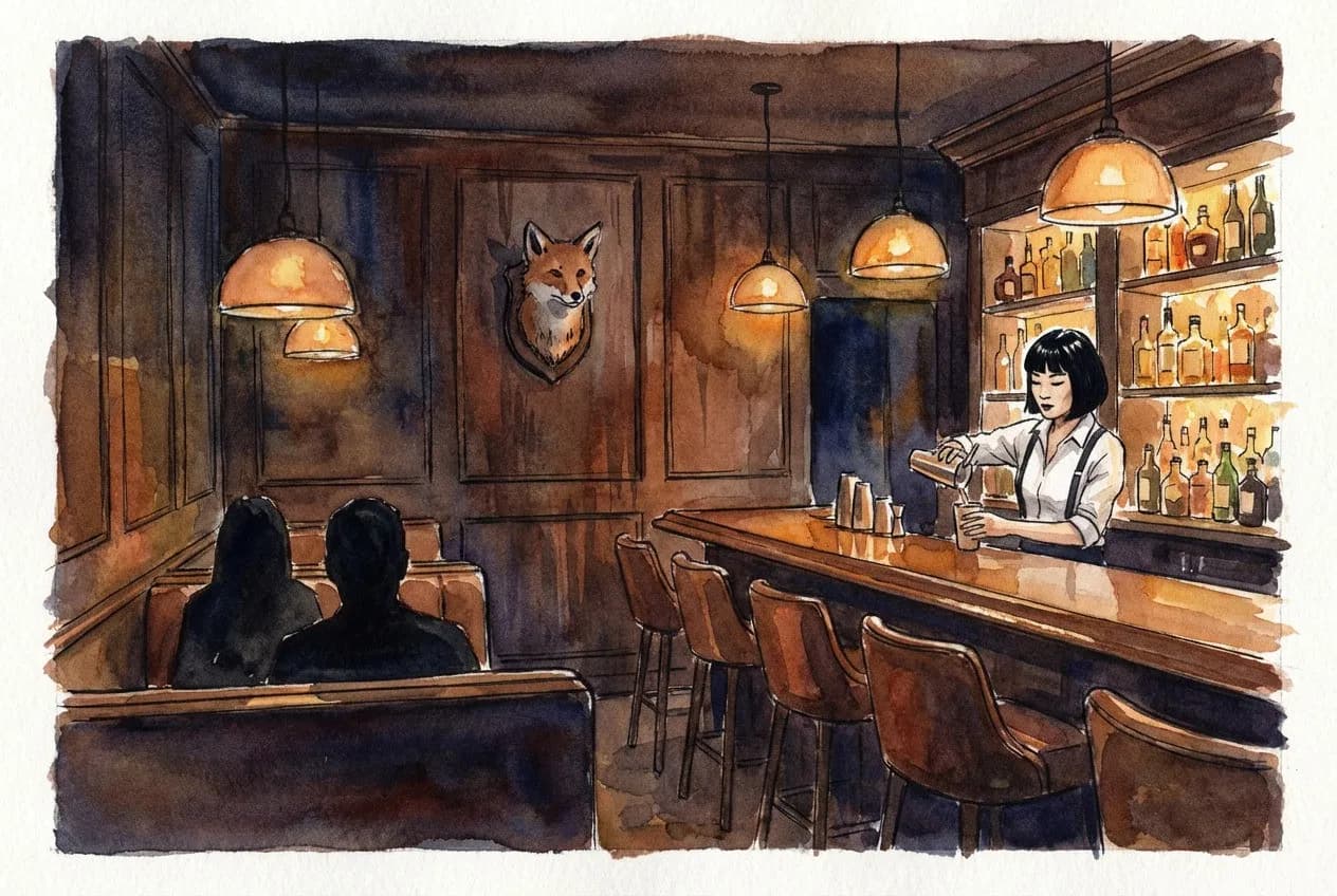AI-generated watercolor: intimate dimly lit bar interior with amber pendant lights, dark wood bar with backlit spirit bottles, leather booths in foreground, East Asian bartender pouring from a cocktail shaker