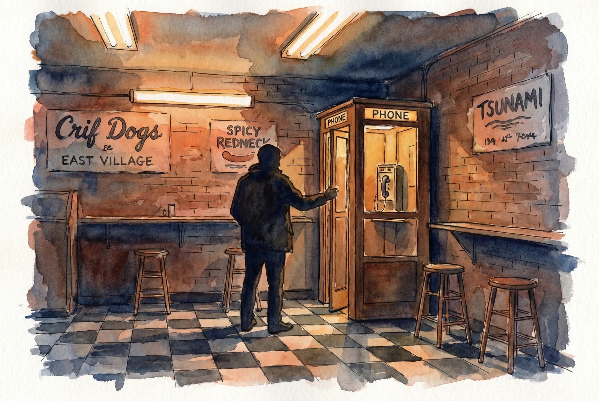 AI-generated watercolor: interior of a casual hot dog shop with checkered tile floor, vintage wooden phone booth in the back corner, silhouetted figure reaching toward the phone handset