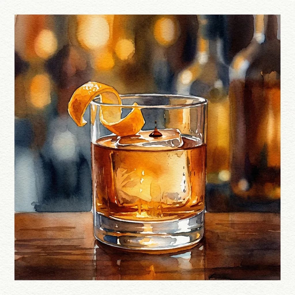 AI-generated watercolor: close-up still life of an Old-Fashioned cocktail in a heavy rocks glass on a dark polished bar, large clear ice cube, twisted orange peel over the rim, amber candlelight reflected in the glass