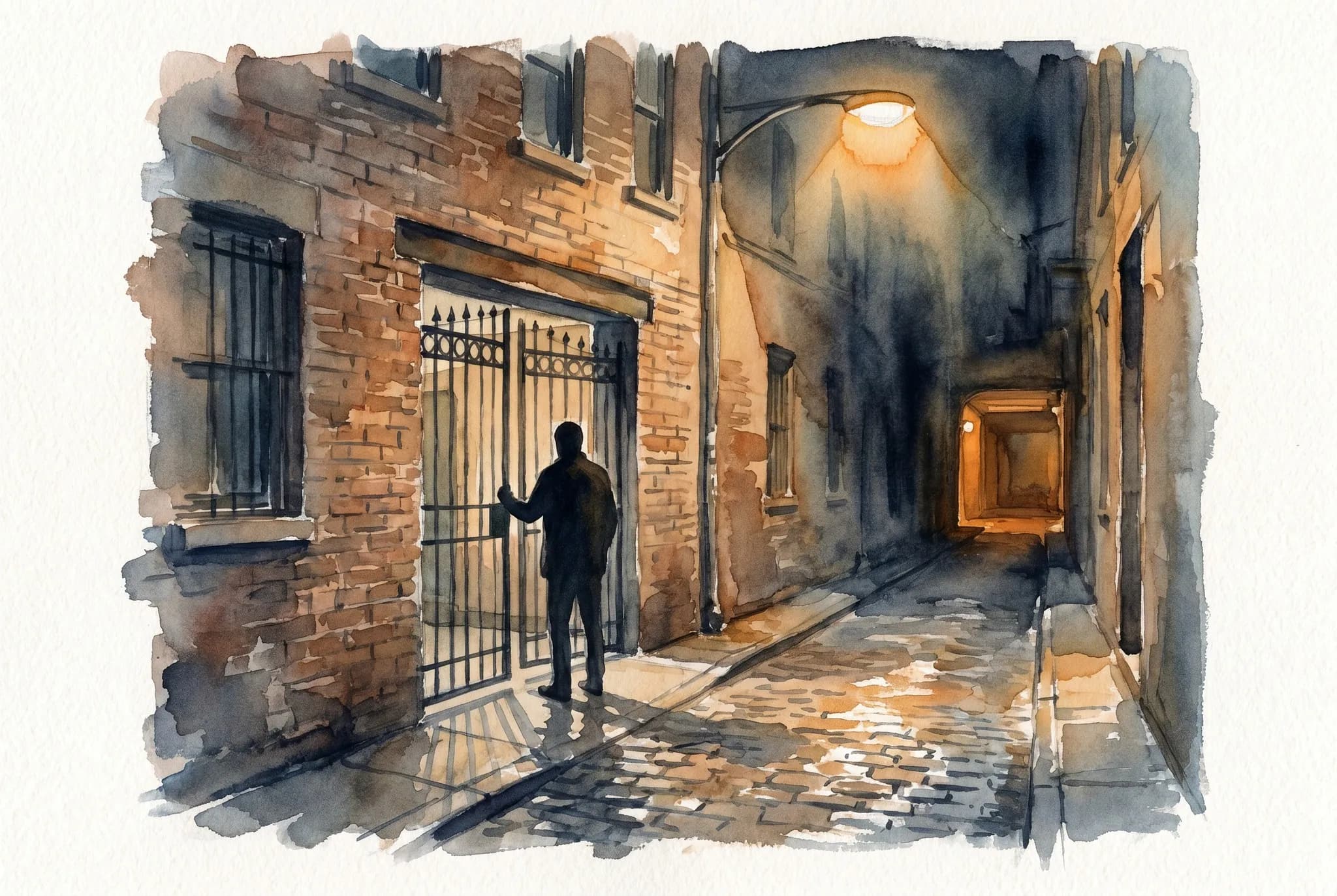 AI-generated watercolor: a silhouetted figure at night pushing open a wrought-iron gate on a narrow Lower East Side street, amber streetlamp casting a cone of warm light across wet cobblestones