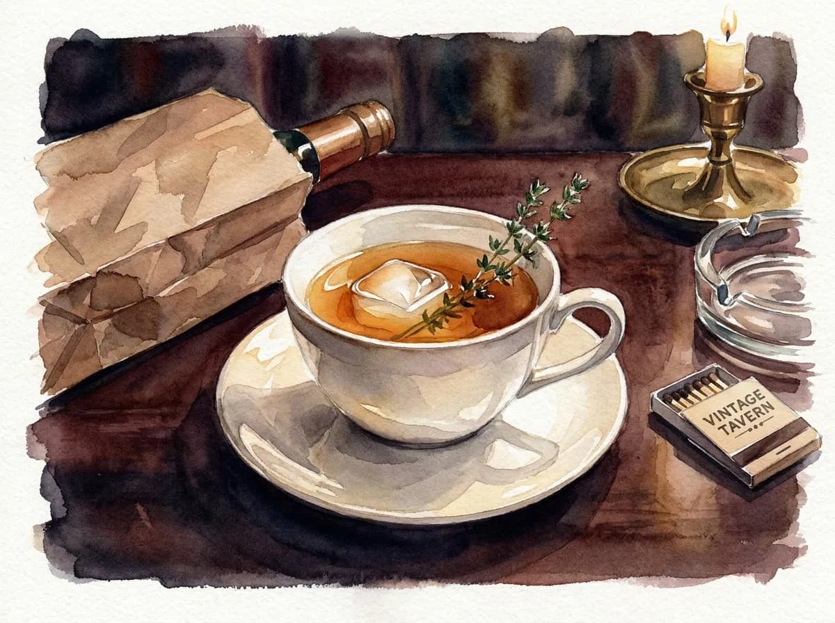 AI-generated watercolor: a white porcelain teacup and saucer holding an amber cocktail with a thyme sprig across the rim, on a dark mahogany bar surface beside a brown paper bag, softly blurred velvet background