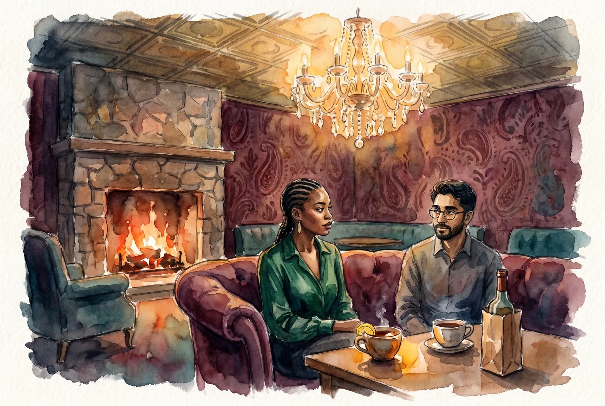 AI-generated watercolor: the interior of a 1920s-style speakeasy lounge with deep burgundy velvet couches, a crystal chandelier above a pressed-tin ceiling, velvet paisley wallpaper, a stone fireplace, and two figures holding ceramic teacups