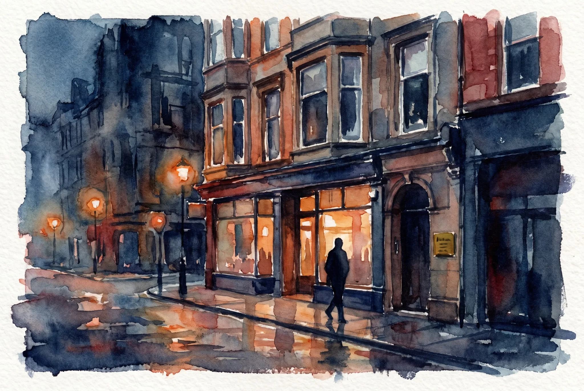 AI-generated watercolor: exterior street view of 49 West 27th Street in NoMad at dusk, a red-brick late-19th-century façade with tall rectangular windows, a small warm-lit coffee shop storefront at street level, a back-turned silhouetted pedestrian walking past on wet pavement, a small brass commemorative plaque beside the doorway, deep indigo sky meeting warm tungsten interior light