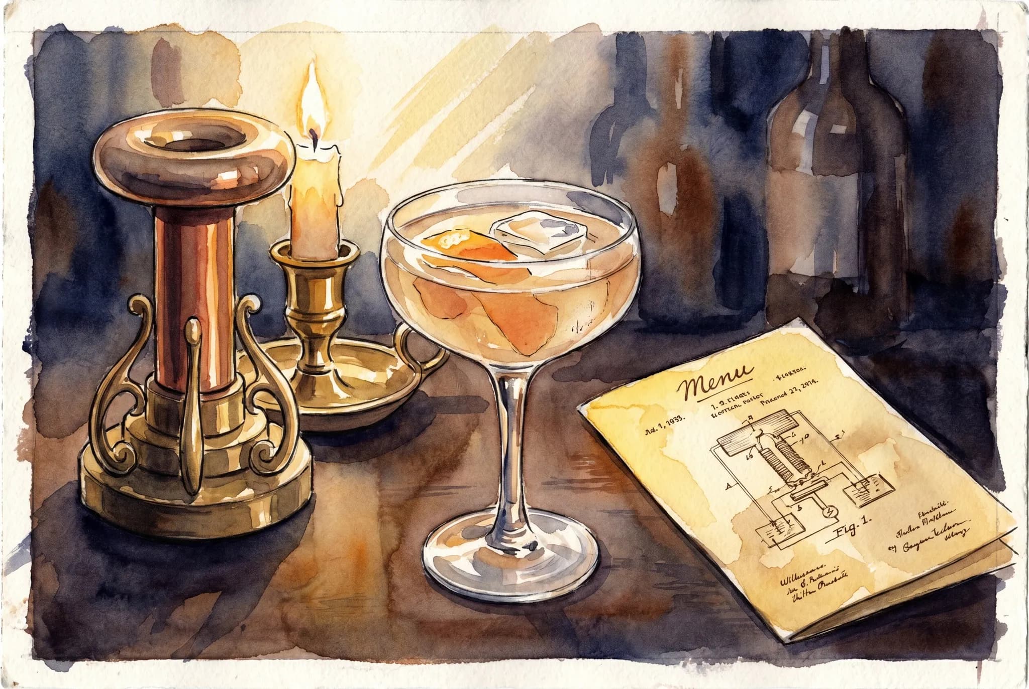AI-generated watercolor: intimate cocktail still life on a dark walnut bar top, a coupe glass of amber tropical cocktail with a grapefruit peel twist, a small brass ornamental Tesla coil to the left, a menu card with a hand-drawn patent diagram to the right, one candle in a brass holder throwing warm tungsten light, muted warm-cool watercolor palette