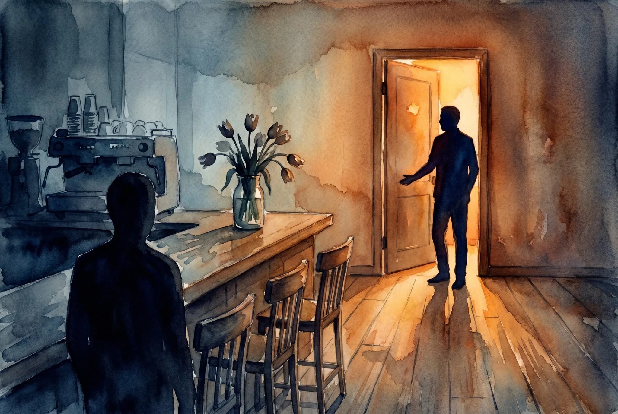 AI-generated watercolor: interior of a quiet coffee shop at transition hour, empty wooden counter stools, a drooping tulip vase, a narrow back door partially open with warm amber light spilling across a plank floor, a host figure as pure silhouette gesturing toward the inner room, a seated guest silhouette in the foreground, cool blue-grey front to warm tungsten back gradient
