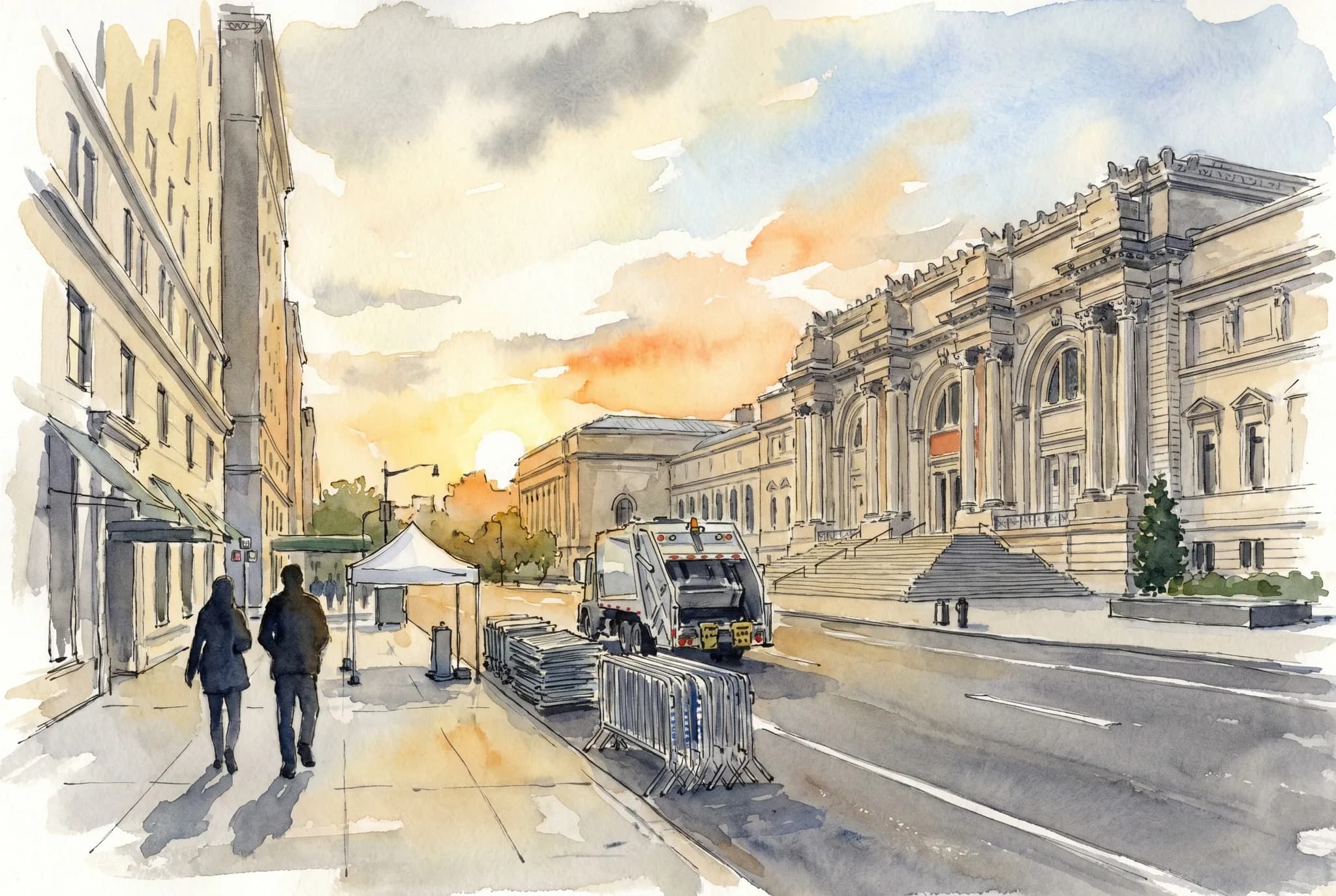 AI-generated watercolor: Fifth Avenue at early morning looking south from 86th Street toward the Metropolitan Museum of Art, with NYPD steel barricades stacked along the curb, a city sanitation truck mid-frame loading them, a partially struck white press tent, and two pedestrians rendered as pure dark silhouettes from behind walking north up the empty sidewalk