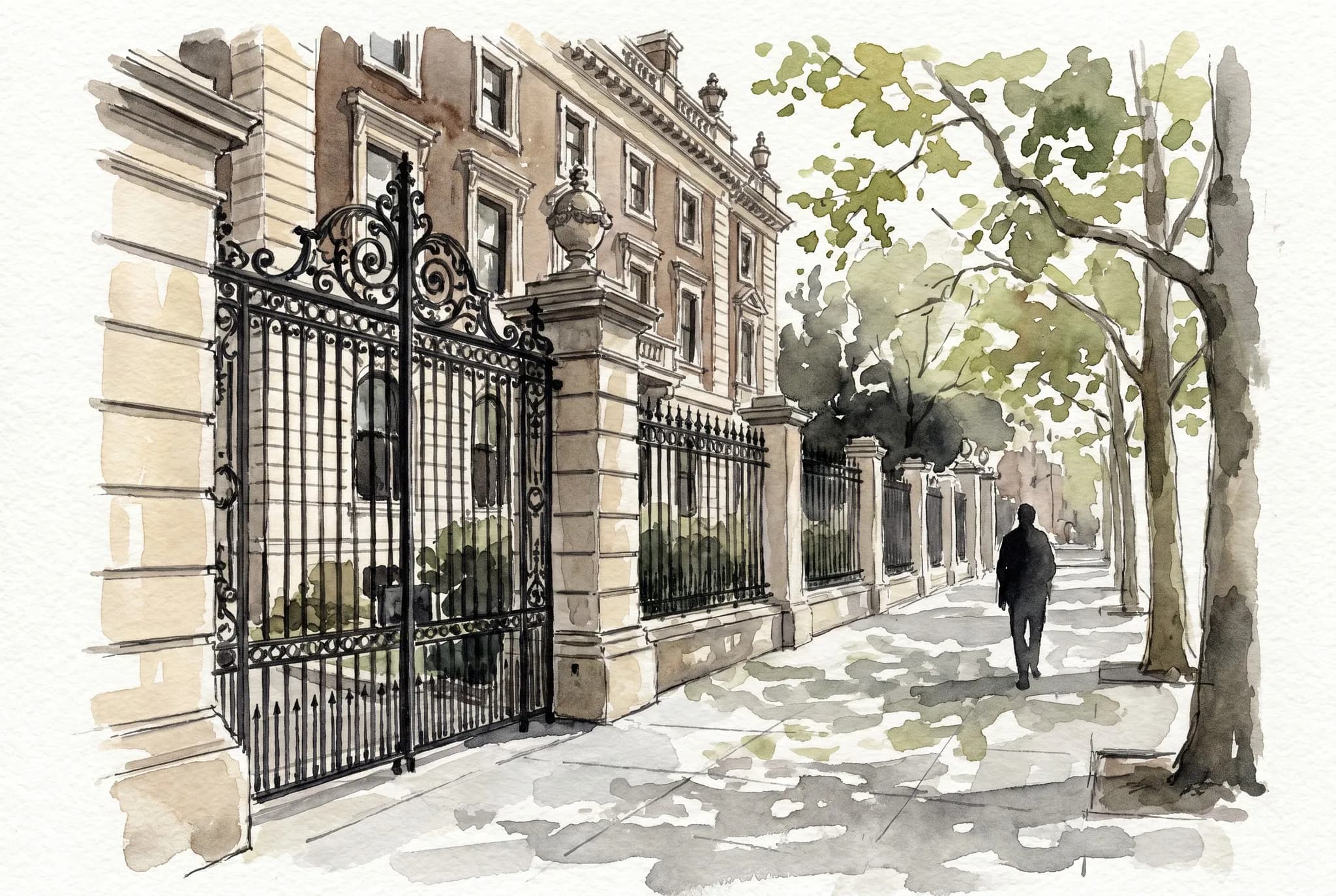 AI-generated watercolor: the wrought-iron gates and limestone facade of the Cooper Hewitt mansion on Fifth Avenue near 91st Street, mid-morning sunlight through London plane tree casting dappled shadow on the sidewalk, and a single pedestrian rendered as a pure dark silhouette from behind walking north along the iron-fenced sidewalk