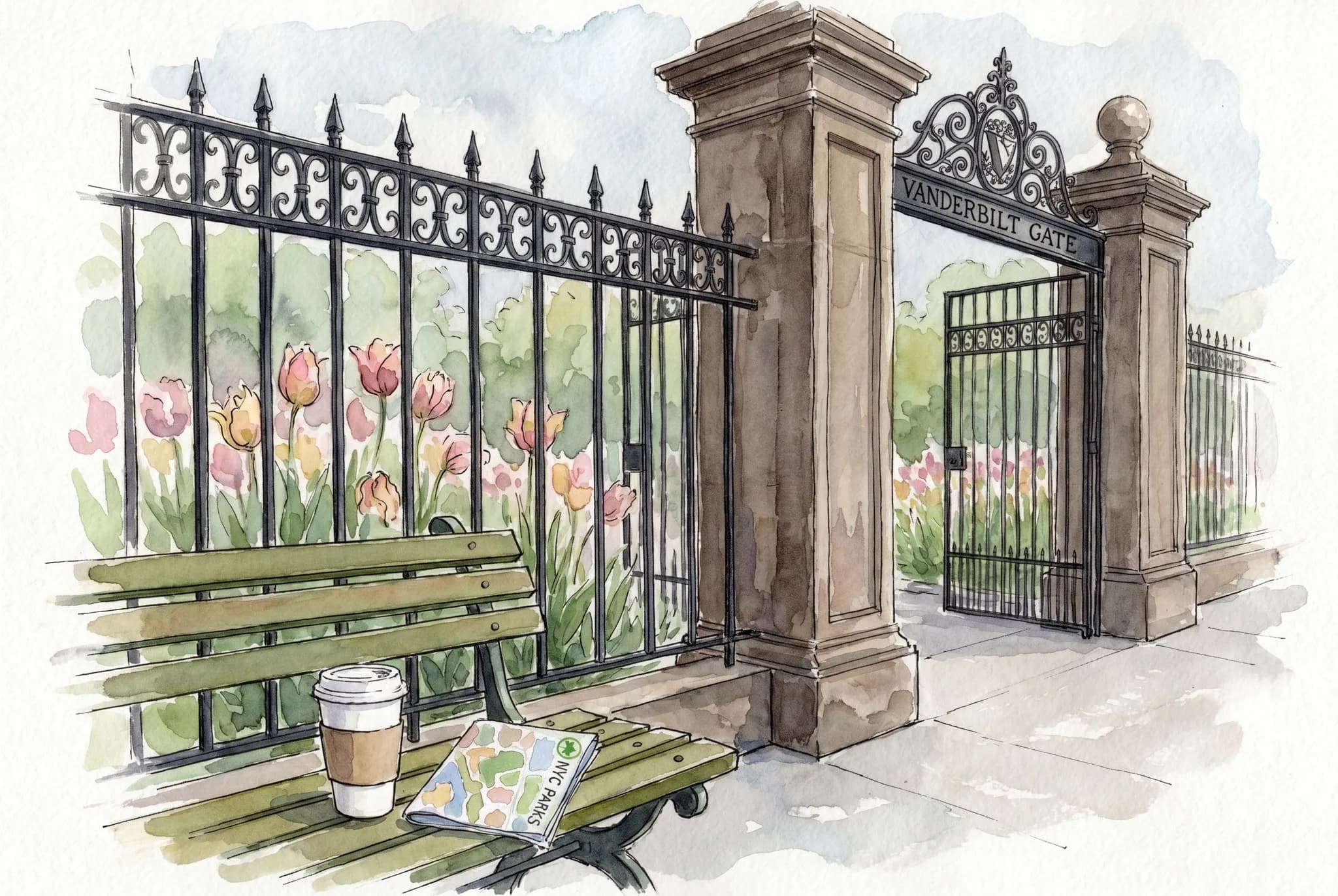 AI-generated watercolor: the Vanderbilt Gate and Conservatory Garden entrance on Fifth Avenue at 105th Street with late spring tulips just past peak bloom visible behind a wrought-iron gate, and a green-painted park bench in the foreground holding a single takeaway coffee cup and a folded NYC Parks map