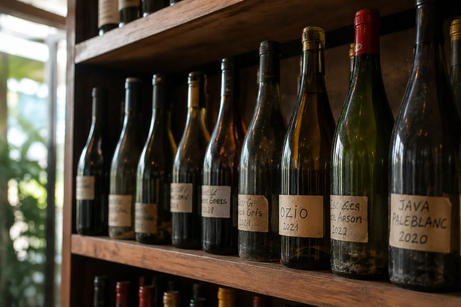 Close-up of wine bottles on wooden shelves in a Miami wine bar with natural afternoon light