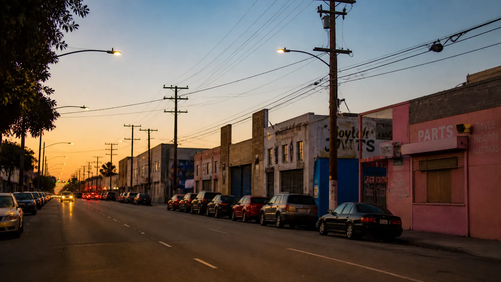 Evening streetscape in Boyle Heights, Los Angeles, with storefronts and parked cars under warm streetlights
