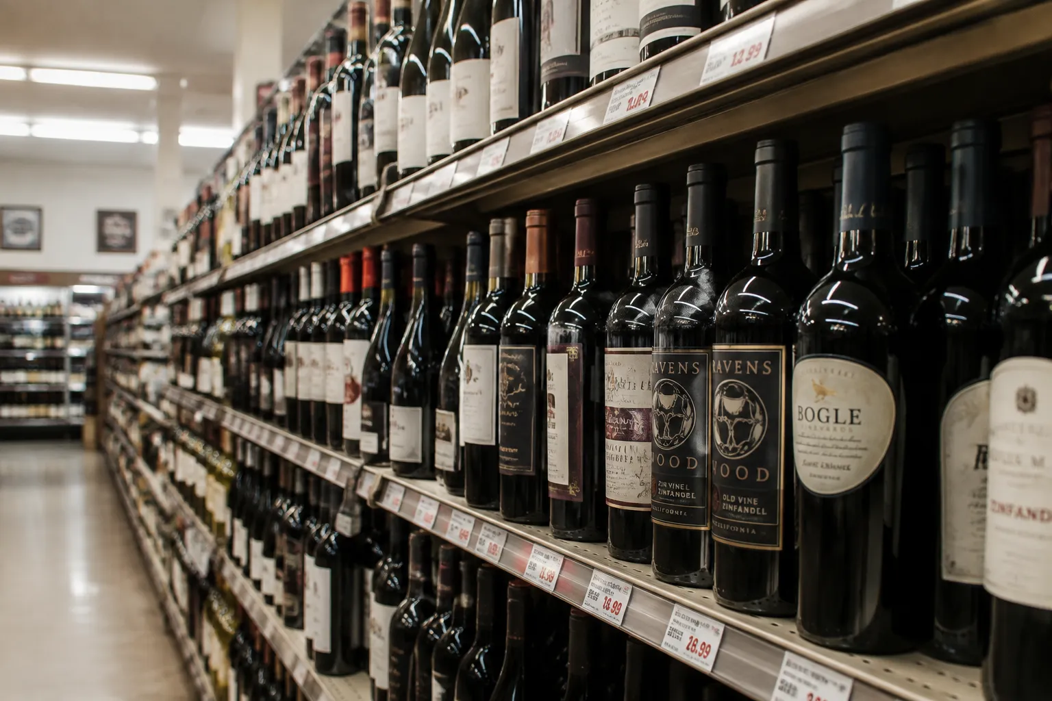 Wine bottles arranged on shelves in a retail store aisle with price tags and organized sections