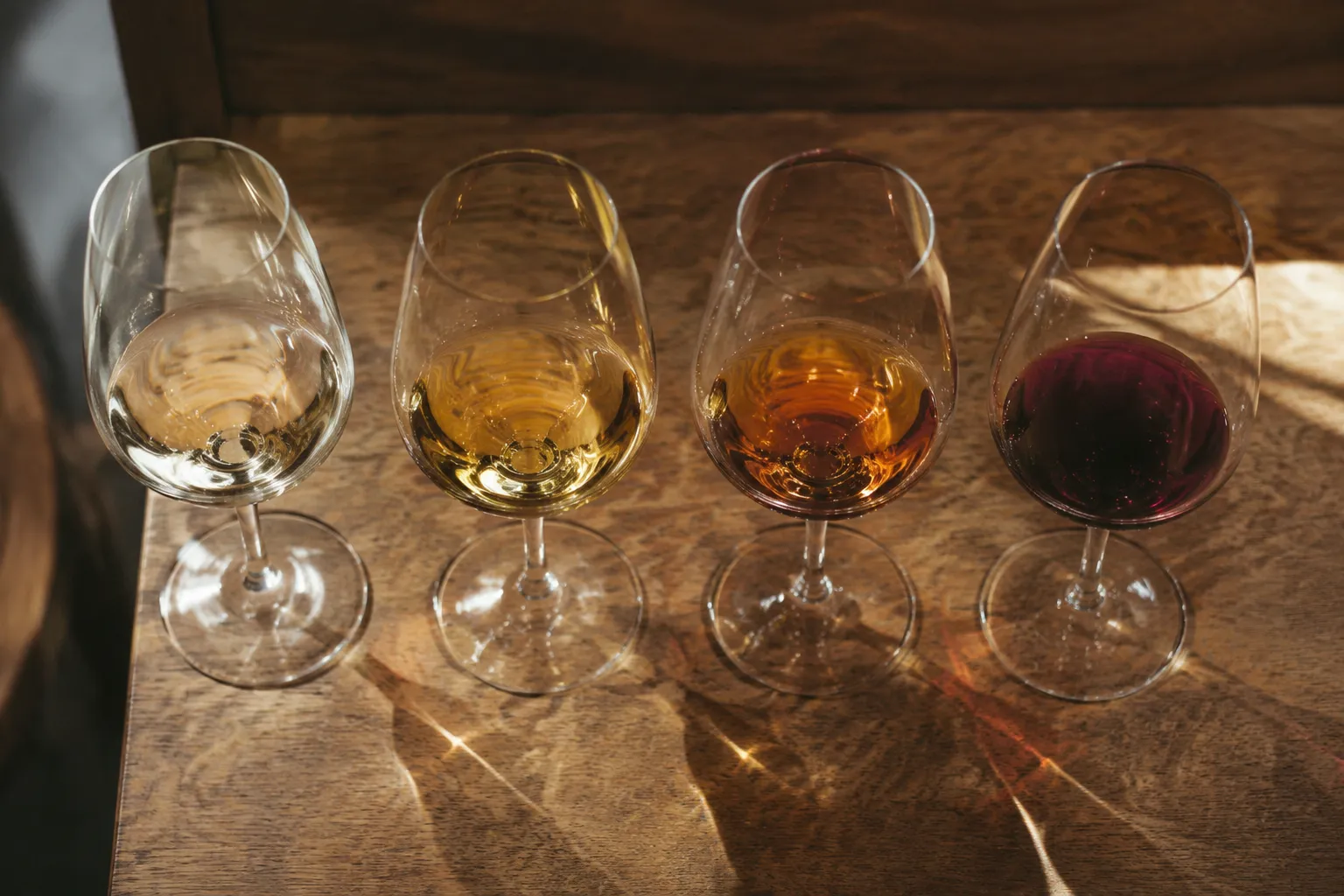 Four wine glasses on a wooden counter during a tasting flight