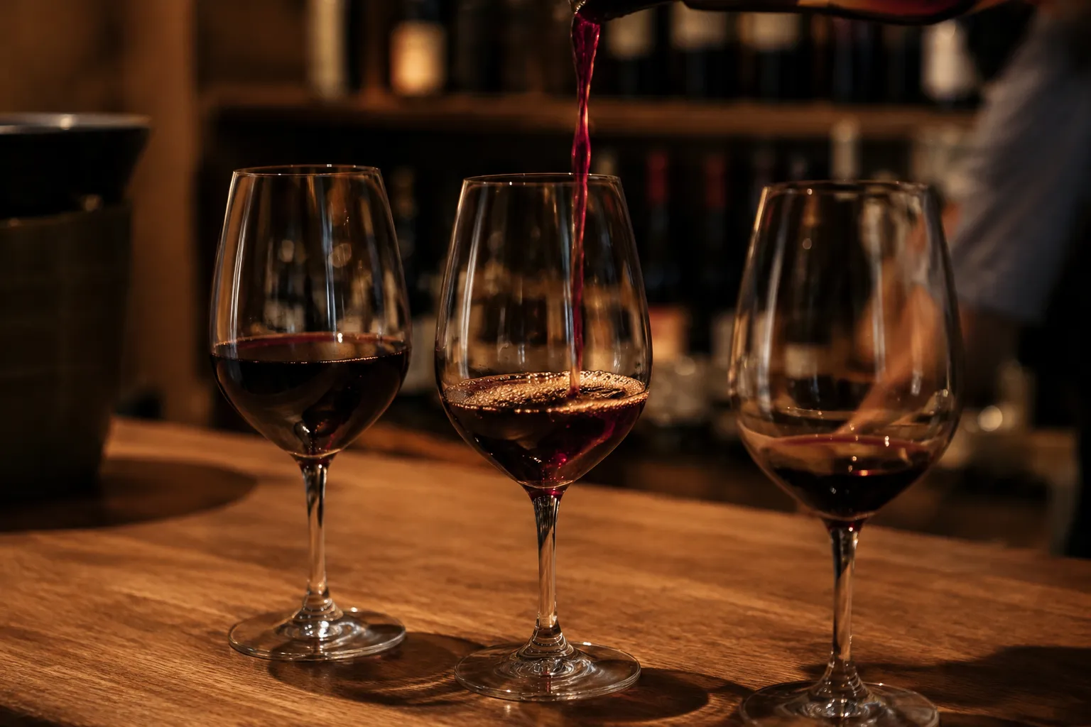 Wine glasses arranged on a wooden tasting counter with bottles blurred in background