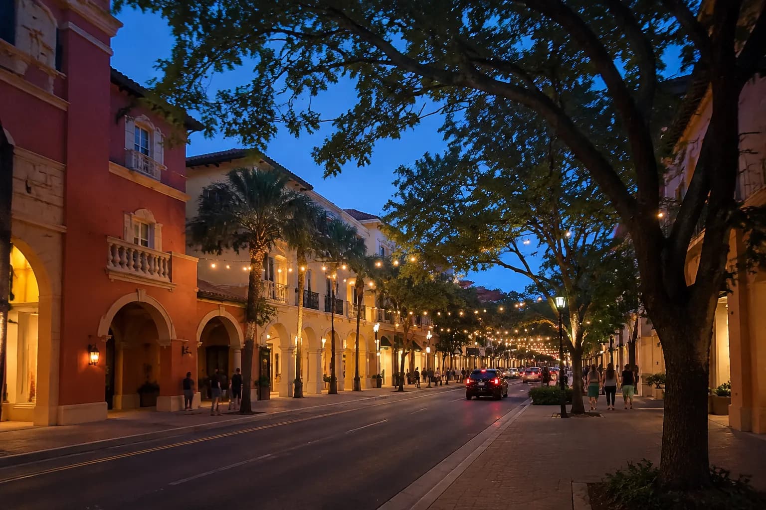 Miracle Mile in Coral Gables at dusk with Mediterranean architecture and tree-lined sidewalks