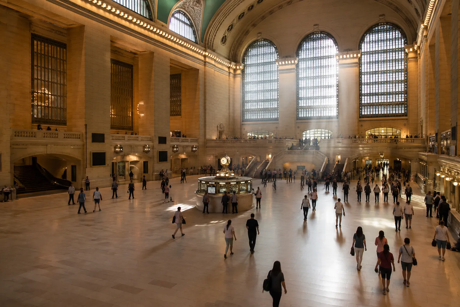 Grand Central Terminal main concourse on a weekend morning with travelers heading toward Metro-North platforms