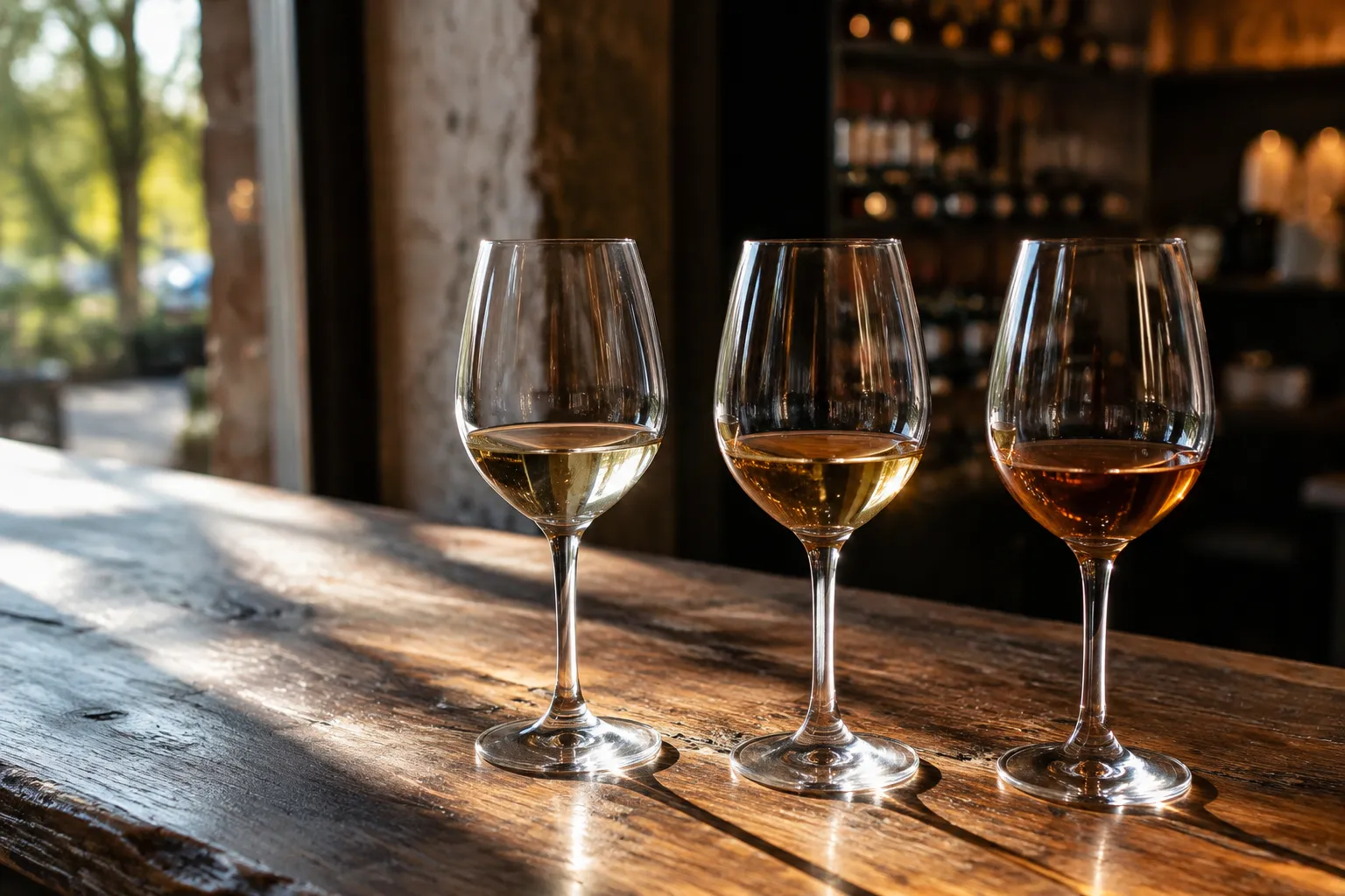 Three wine glasses on a wooden bar in a tasting room with afternoon light