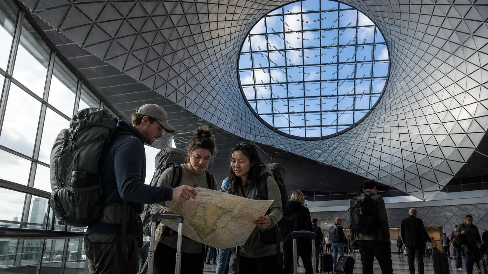 Travelers with hiking bags review a park map inside a New York airport terminal before a national park trip.