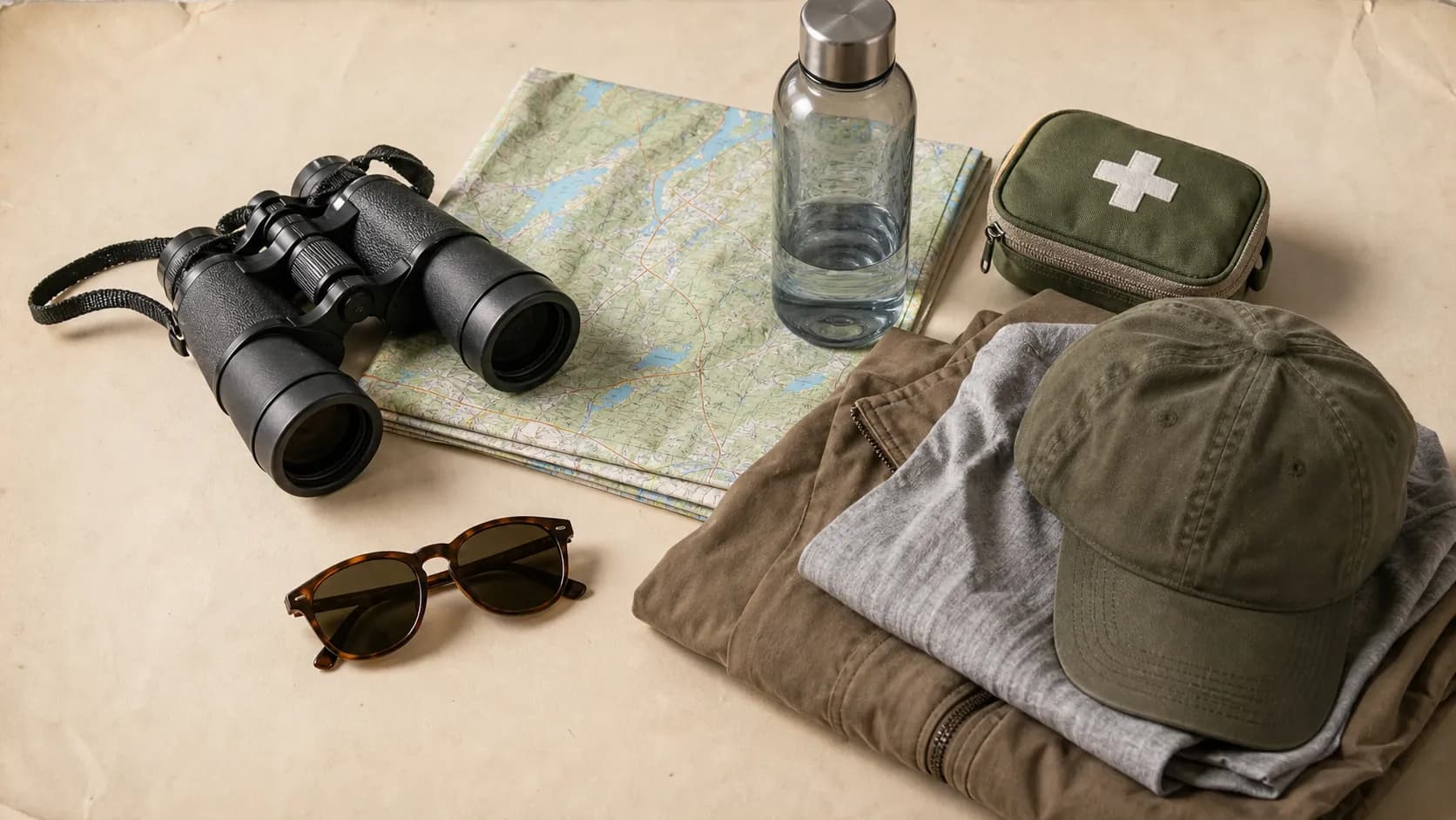 Binoculars, map, water bottle and hiking essentials arranged on a table for safe wildlife viewing.