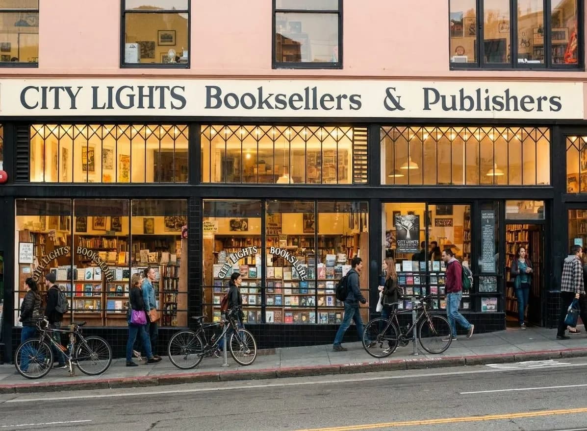 A narrow North Beach bookstore street scene with pedestrians, parked bikes, and warm evening light