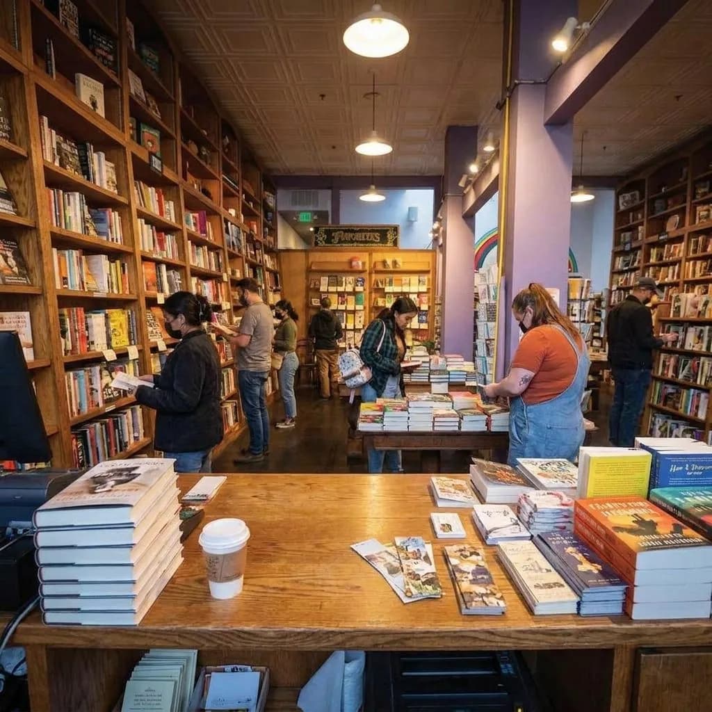 Stacks of paperbacks and coffee on a wooden bookstore counter