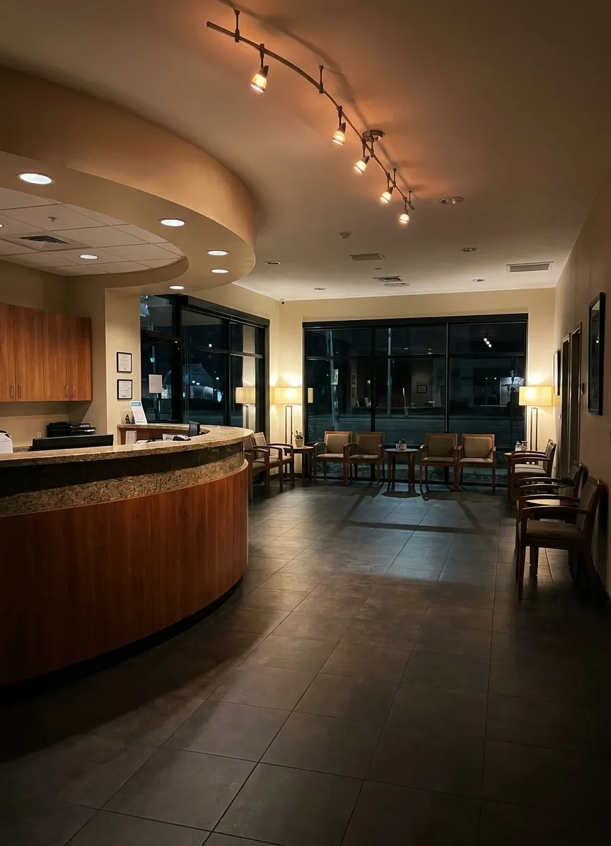Front desk at ACCESS Specialty Animal Hospitals in Culver City with check-in counter and waiting area visible in warm evening light