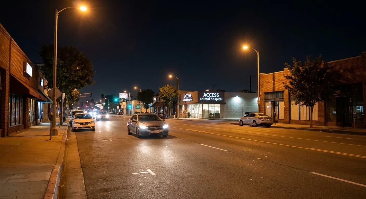 Jefferson Boulevard in Culver City at night with streetlights illuminating the road leading toward ACCESS animal hospital