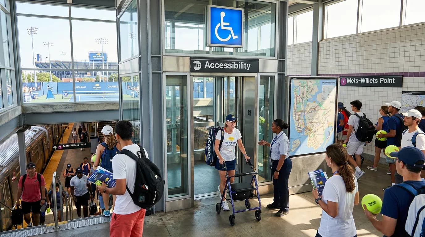 Photorealistic US Open tennis scene for Accessible Transit Tips Around the US Open.