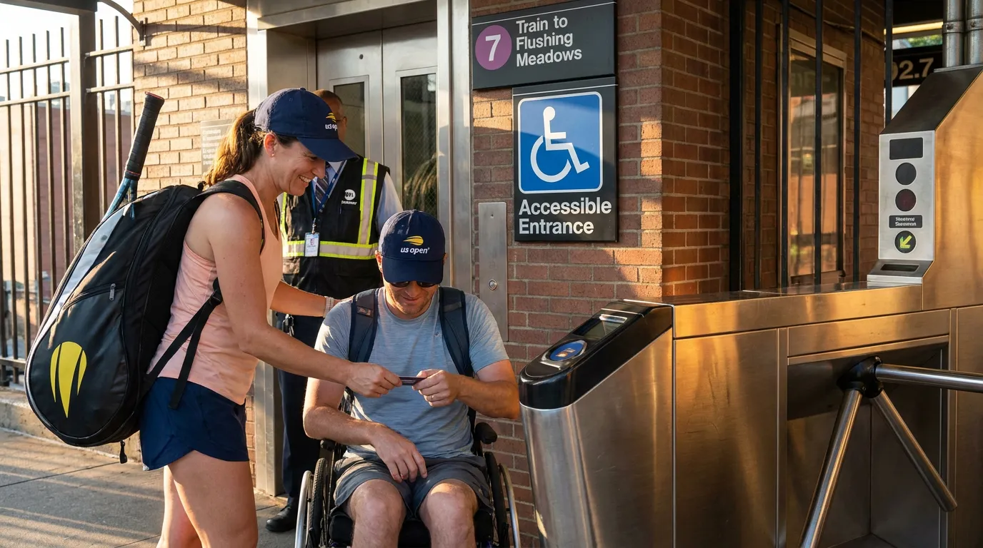 Photorealistic tennis scene illustrating Accessible Transit Tips Around the US Open.