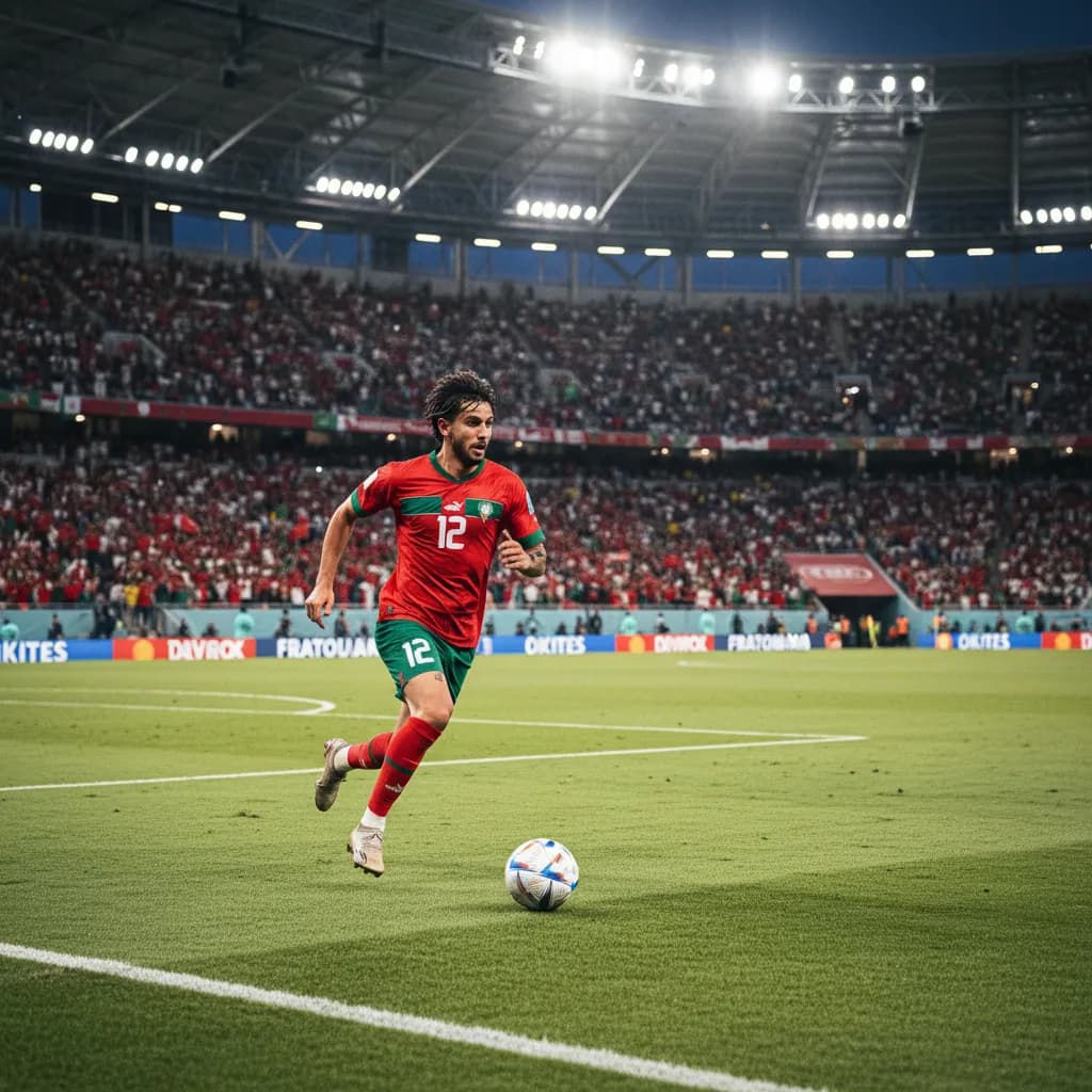 Achraf Hakimi overlapping down the wing in Morocco's red jersey during World Cup 2026