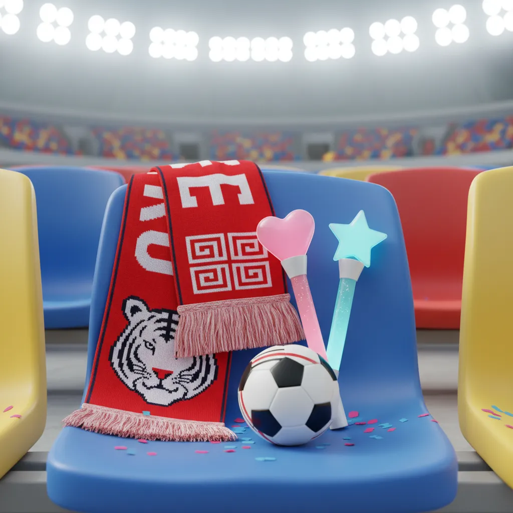 South Korean scarves and K-pop light sticks on a stadium seat blending fan cultures