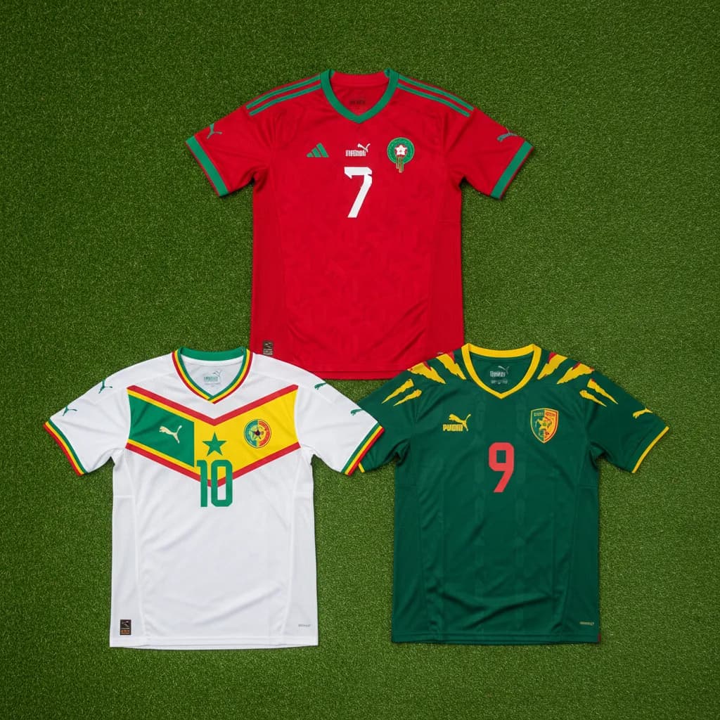 Three African national soccer jerseys laid on a green pitch in a triangle formation