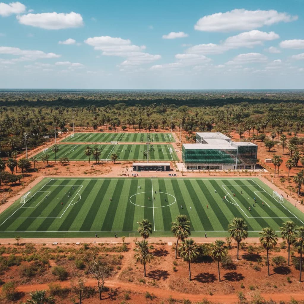 Three African national soccer jerseys laid on a green pitch in a triangle formation