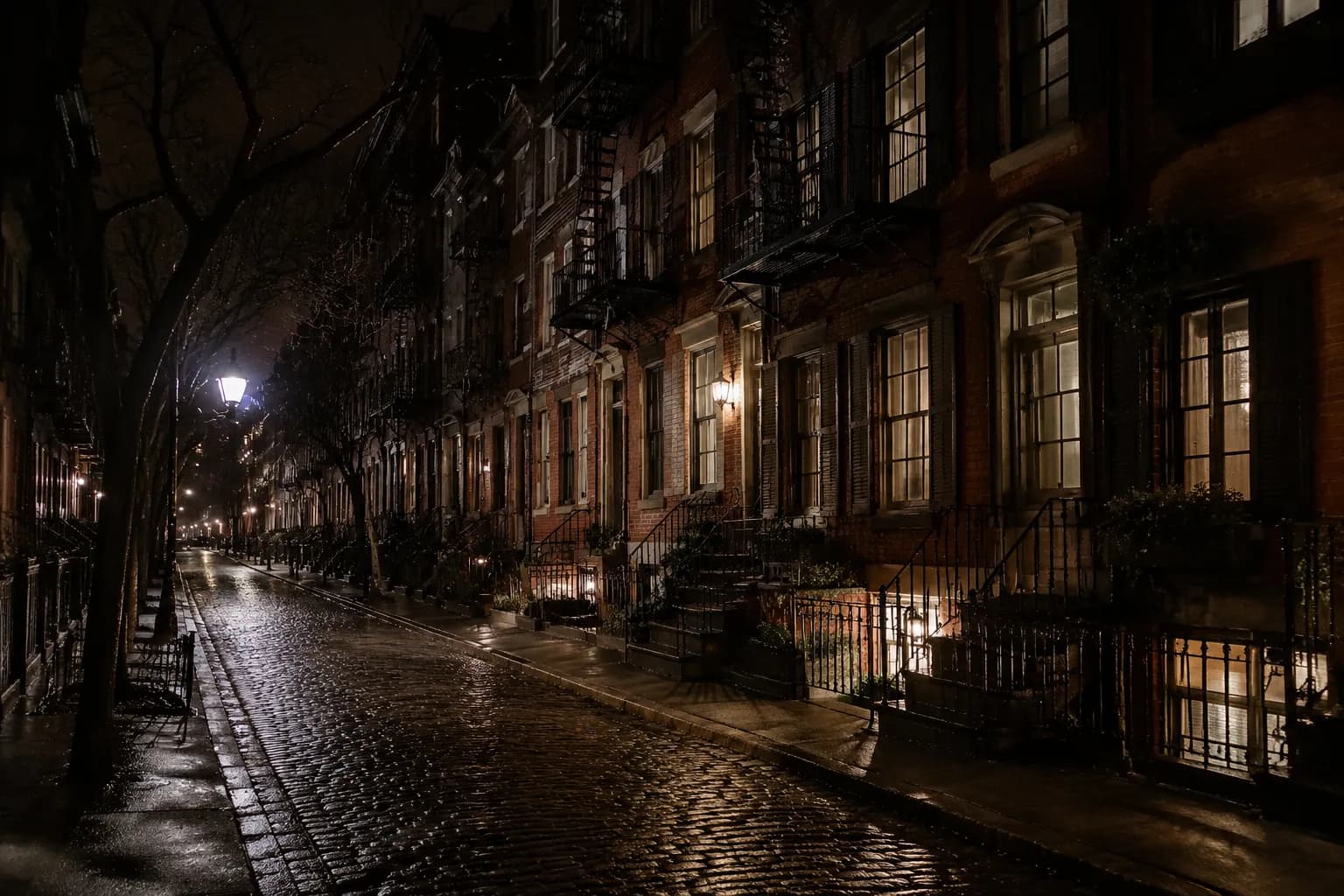 Narrow Bedford Street in the West Village at night with historic rowhouses and streetlamp glow
