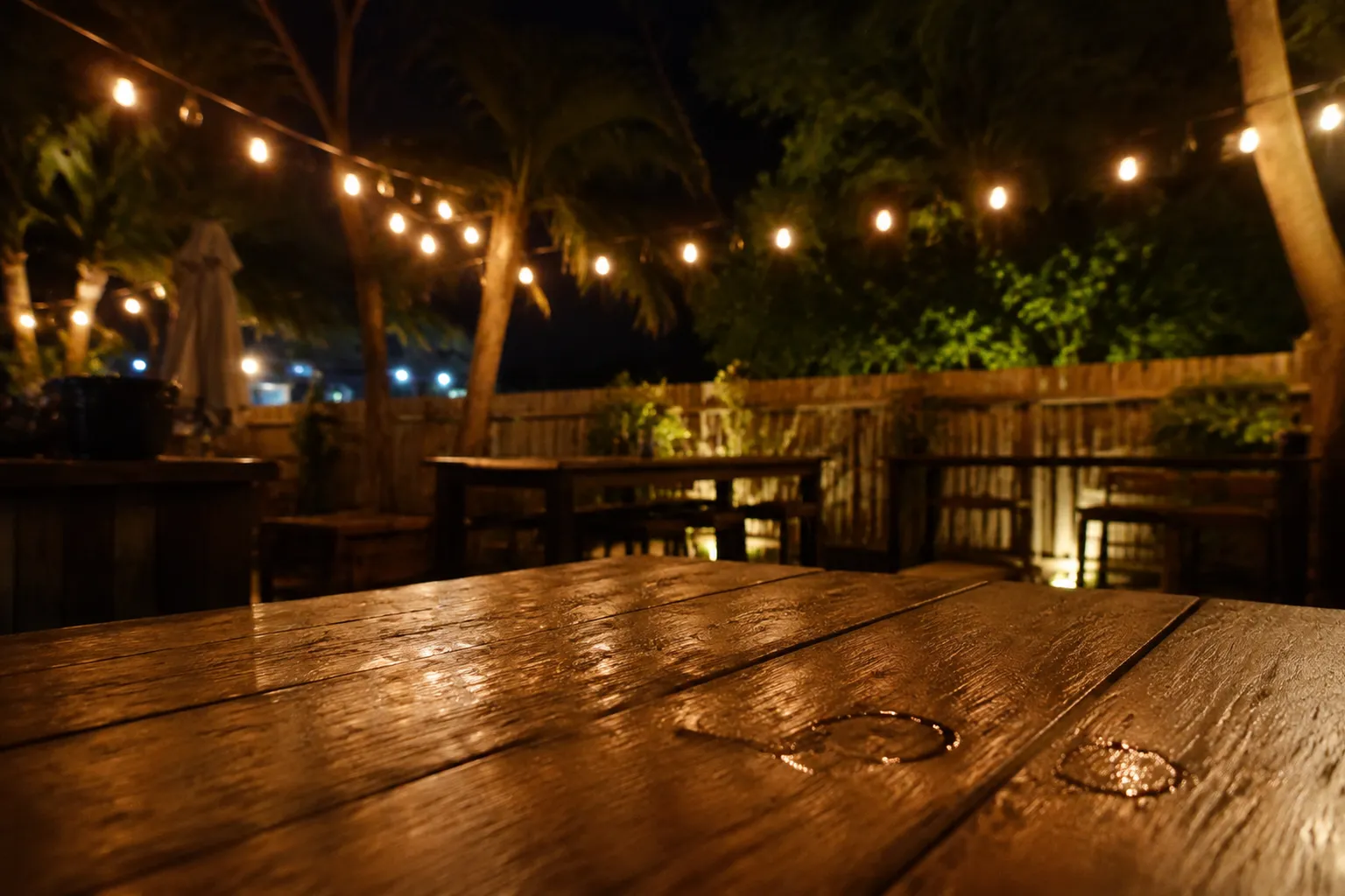 String lights and wooden table at outdoor Miami bar patio at night