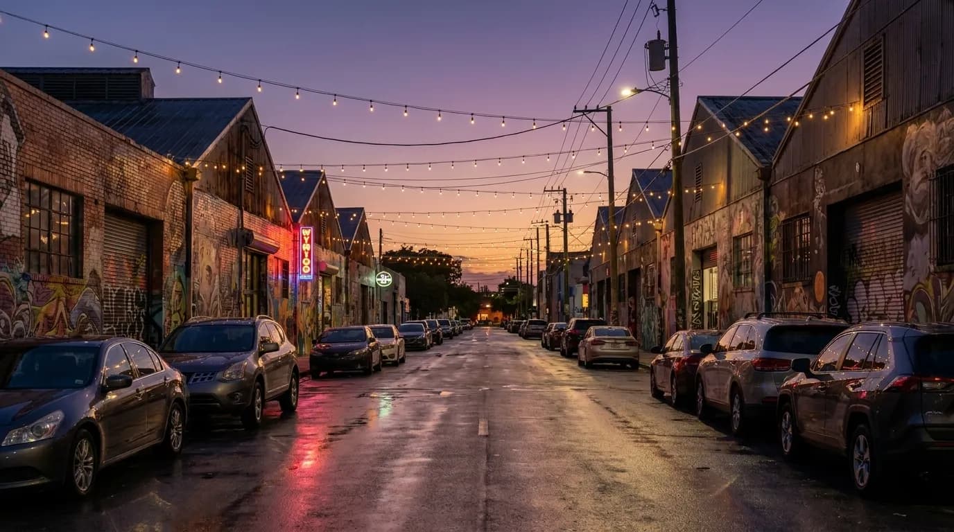 Wynwood street at dusk with warehouse facades and glowing neon signs reflected on wet asphalt