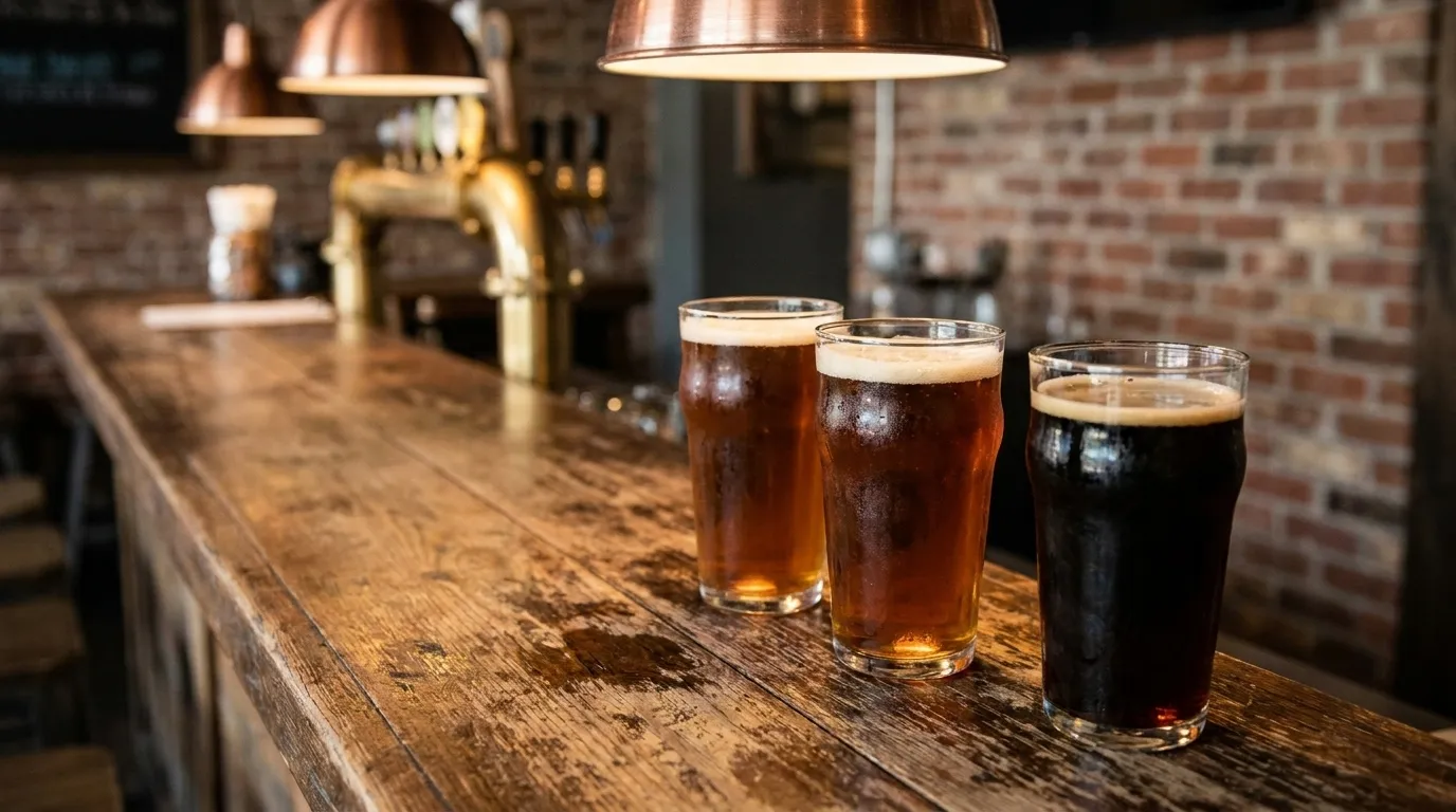 Pint glasses on wooden bar at Wynwood Brewing Company taproom