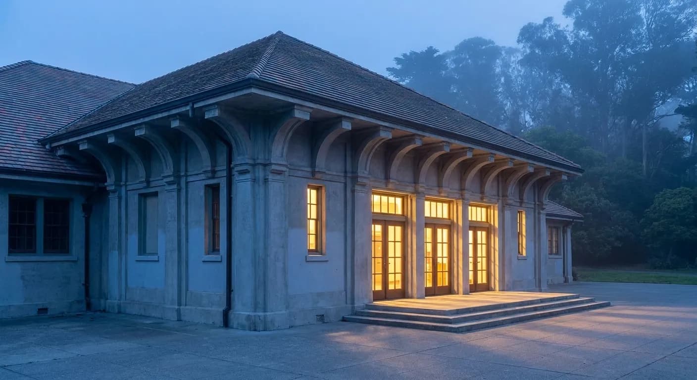Kezar Pavilion's arched concrete exterior at dusk with Golden Gate Park trees in the background