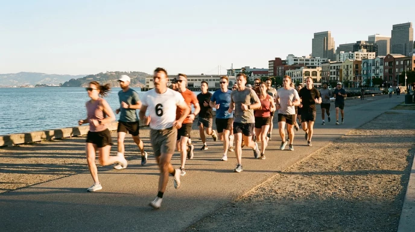 A group of runners setting off along a San Francisco waterfront path in early evening light, the bay on one side and city buildings behind them