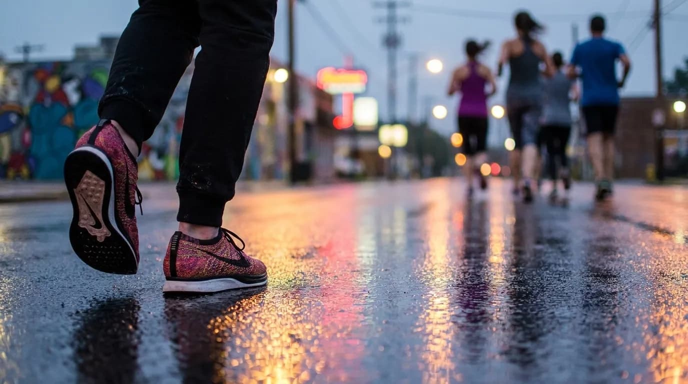 A close view of running shoes and legs mid-stride on a wet city pavement at dusk, reflections of streetlights on the ground and a blurred group of runners ahead