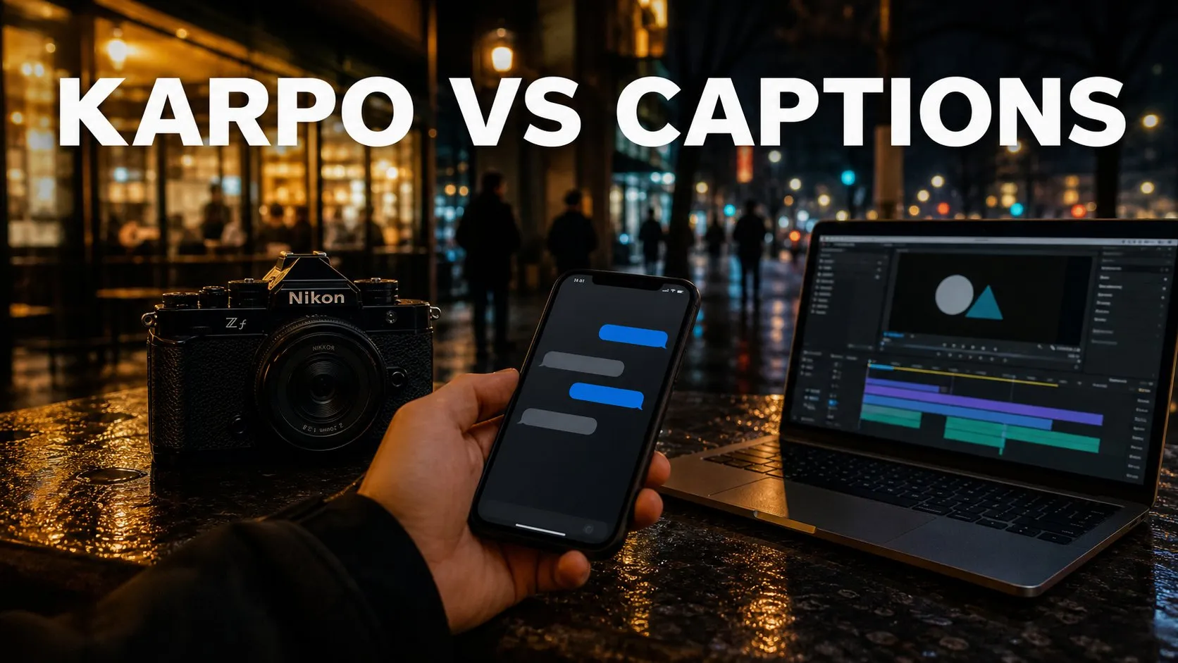 Photorealistic Karpo versus Captions comparison using a night exterior composition