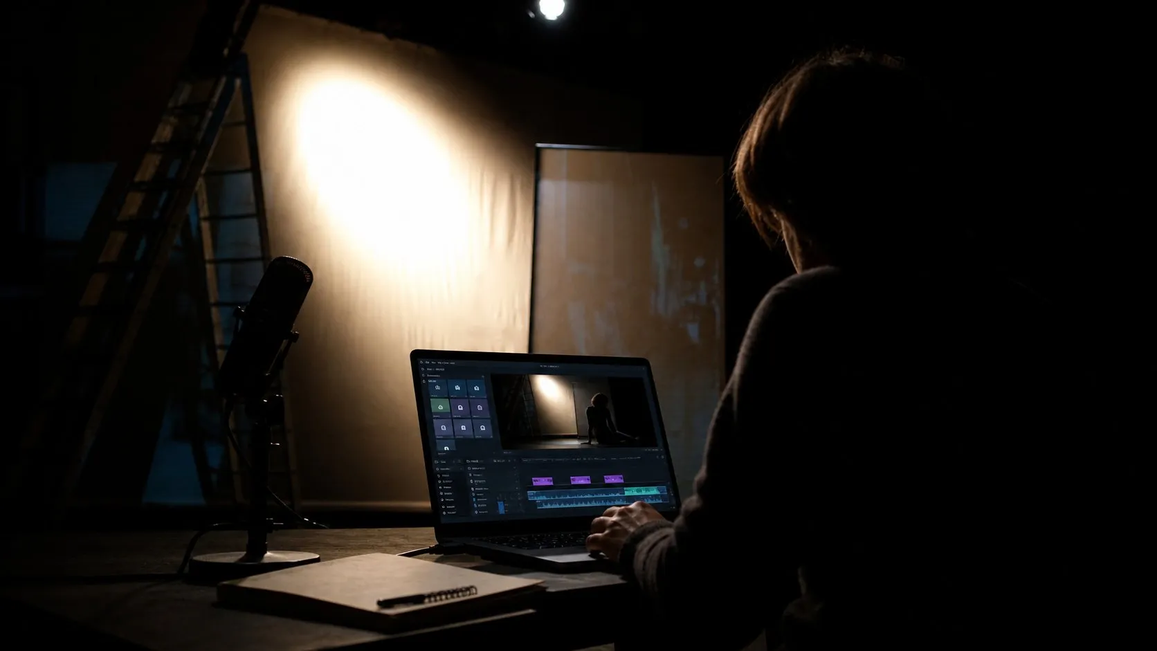 A photorealistic AI video editing work moment showing where Captions fits before a city decision